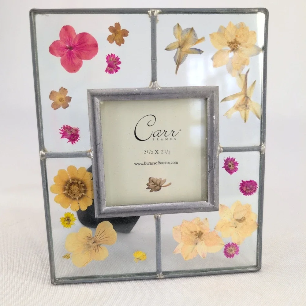 vtg Carr Frames Leaded Glass Picture Frame Silver Pressed Flowers 1999 2.5x2.5